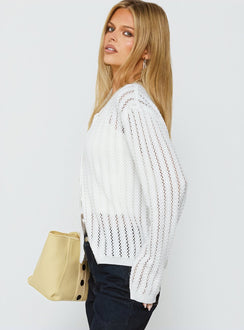 Showcasing the Avalisa Knit Cardigan White in womens-jumpers featuring short length side view of model wearing Princess Polly