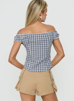 Bravely Off Shoulder Button Up Top Blue Check