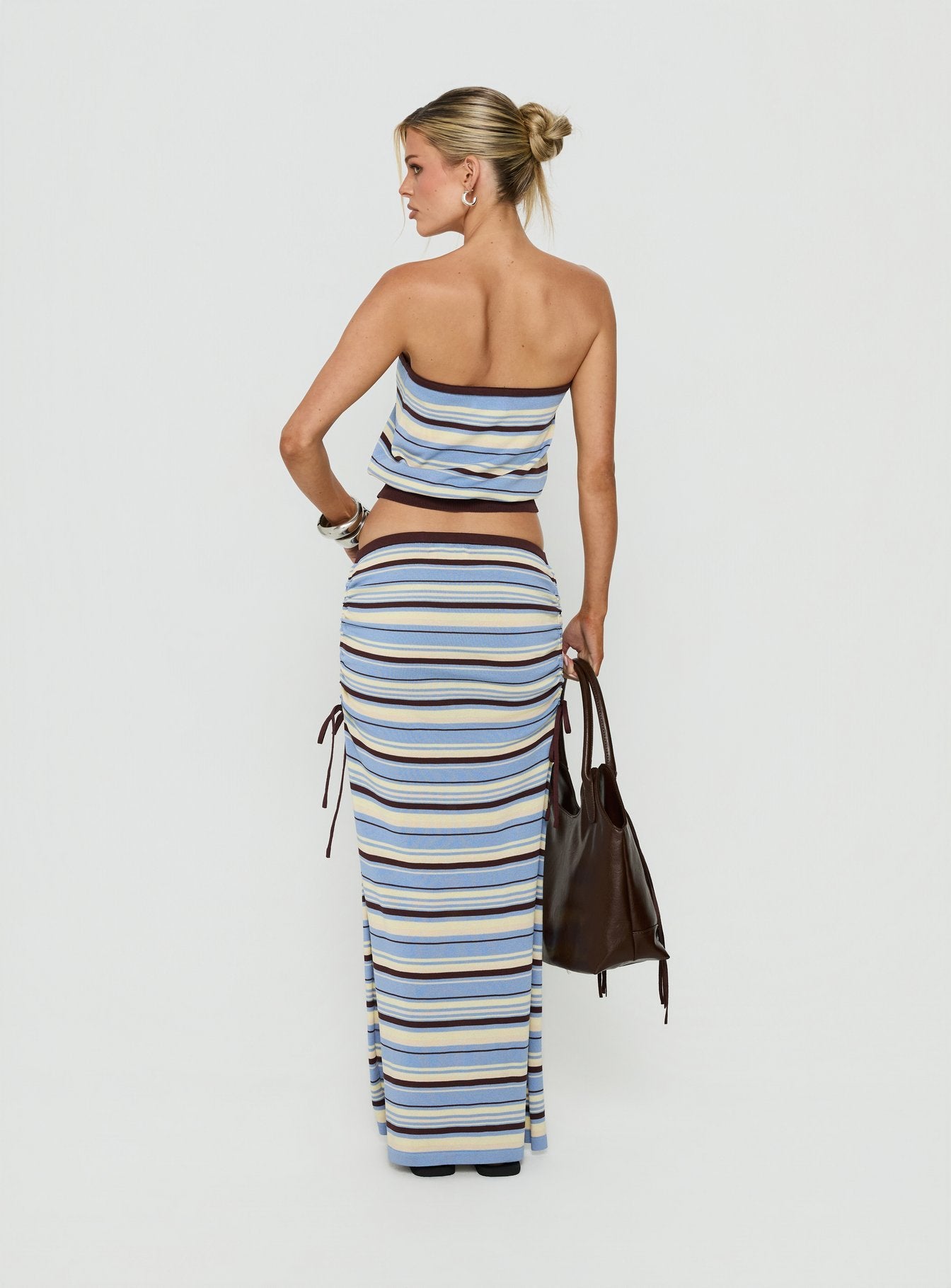 Presenting the Osamie Knit Drawstring Maxi Skirt Multi Stripe in womens-skirts with ruched details and fitted silhouette back view of model wearing Princess Polly