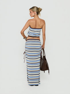 Presenting the Osamie Knit Drawstring Maxi Skirt Multi Stripe in womens-skirts with ruched details and fitted silhouette back view of model wearing Princess Polly