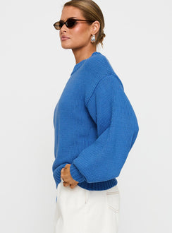 Capturing the Harmony Balloon Sleeve Knit Sweater Blue womens jumpers in short length side view of model wearing Princess Polly