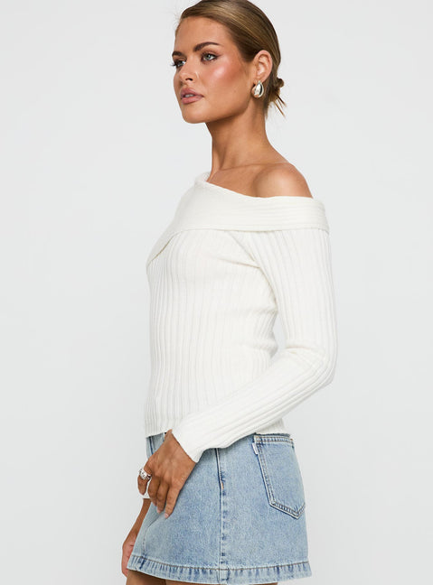 side view of model wearing Princess Polly Jaybell Cold Shoulder Sweater White Cropped Jumpers Jumpers 