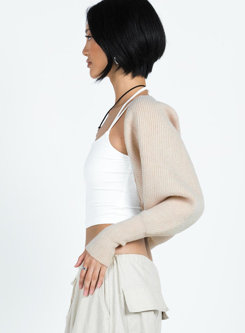 side view of model wearing Princess Polly Aviana Cardigan Beige Marle cropped Jumpers 