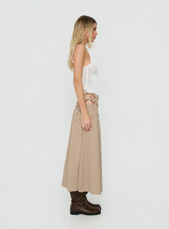 Designed with the Vence Ruched Maxi Skirt Brown Gingham in womens-skirts with checkered print and relaxed a-line shape side view of model wearing Princess Polly