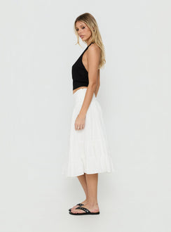 Crafted with elegance the Silver Springs Midi Skirt White in womens-skirts featuring midi length side view of model wearing Princess Polly