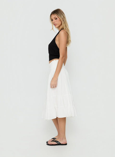 Crafted with elegance the Silver Springs Midi Skirt White in womens-skirts featuring midi length side view of model wearing Princess Polly