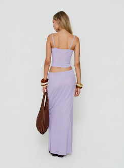 Crafted with elegance, the Golden Visions Maxi Skirt Purple Orchid womens-skirts in maxi length back view of model wearing Princess Polly