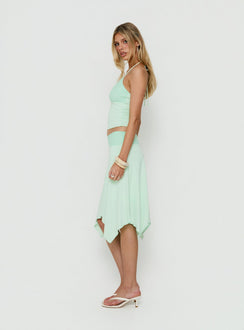Beautifully crafted Natabelle Lace Detail Midi Skirt in Mint, a womens-skirts style featuring asymmetry and fitted design side view of model wearing Princess Polly