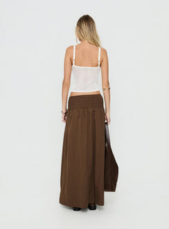 Designed with the Thessa Ruched Maxi Skirt Chocolate in womens-skirts featuring maxi length back view of model wearing Princess Polly