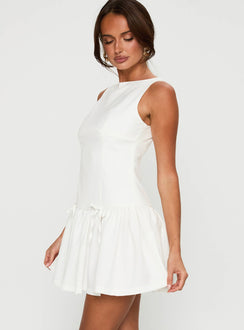 side view of model wearing Princess Polly Milienne Mini Dress White Crew Neck 