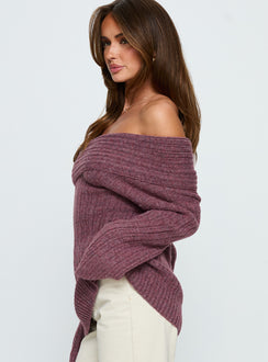 side view of model wearing Princess Polly Snowie Off Shoulder Knit Sweater Burgundy Longline Jumpers Jumpers 