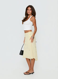   side view of model wearing Princess Polly Kessiah Sequin Midi Skirt Yellow Skirts 