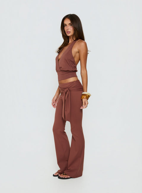 side view of model wearing Princess Polly Daily Define Tie Waist Pants Brown Low Rise Pants 