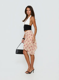   side view of model wearing Princess Polly Natana Asymmetrical Midi Skirt Multi Check 