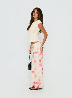   side view of model wearing Princess Polly Mercer Maxi Skirt Yellow Floral Maxi Skirts Skirts 