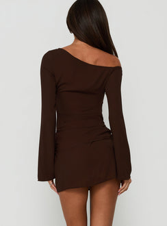 Still Spinning One Shoulder Belted Mini Dress Brown