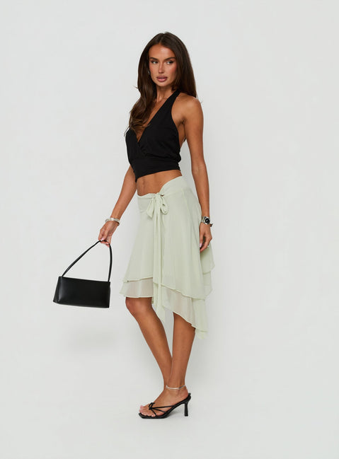 Elegant Ophella Tie Waist Chiffon Midi Skirt Sage womens-skirts side view of model wearing Princess Polly
