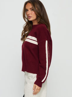 side view of model wearing Princess Polly Catherin Crew Neck Knit Sweater Red / White Cropped Jumpers 