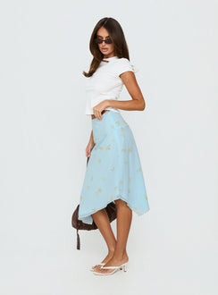   side view of model wearing Princess Polly Daphene Asymmetrical Midi Skirt Blue Floral Midi Skirts 