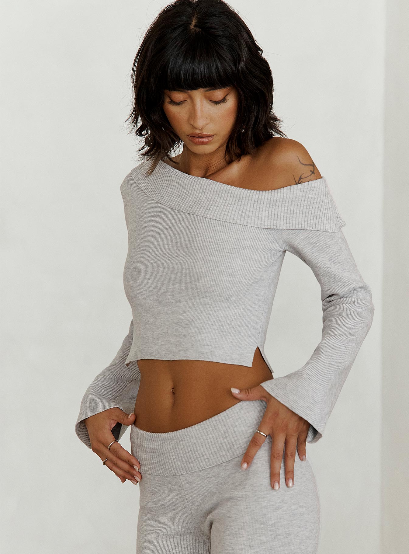 product Princess Polly Full Sleeves Asymmetric Neckline  Sina Off The Shoulder Top Grey