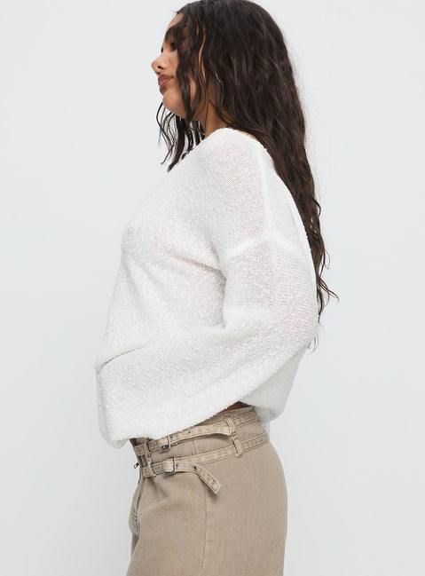 side view of model wearing Princess Polly Riala Off Shoulder Knit Sweater White cropped 