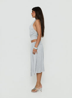 Designed with elegance, the Iselda Draped Midi Skirt Grey Marle womens-skirts in solid print side view of model wearing Princess Polly
