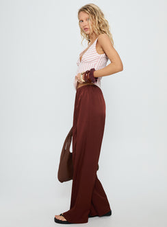 side view of model wearing Princess Polly Dorie Straight Leg Pants Chocolate High Waisted Pants 