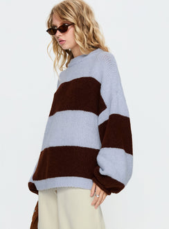 side view of model wearing Princess Polly Bastien Crew Neck Knit Sweater Blue / Chocolate Stripe Longline Jumpers 