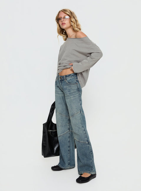 side view of model wearing Princess Polly Atmosphere Mid Rise Straight Leg Jeans Antique Wash Low Rise Jeans 