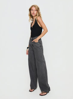 side view of model wearing Princess Polly Nicolo High Rise Straight Leg Jeans Washed Grey High Rise Jeans 