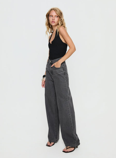 side view of model wearing Princess Polly Nicolo High Rise Straight Leg Jeans Washed Grey High Rise Jeans 