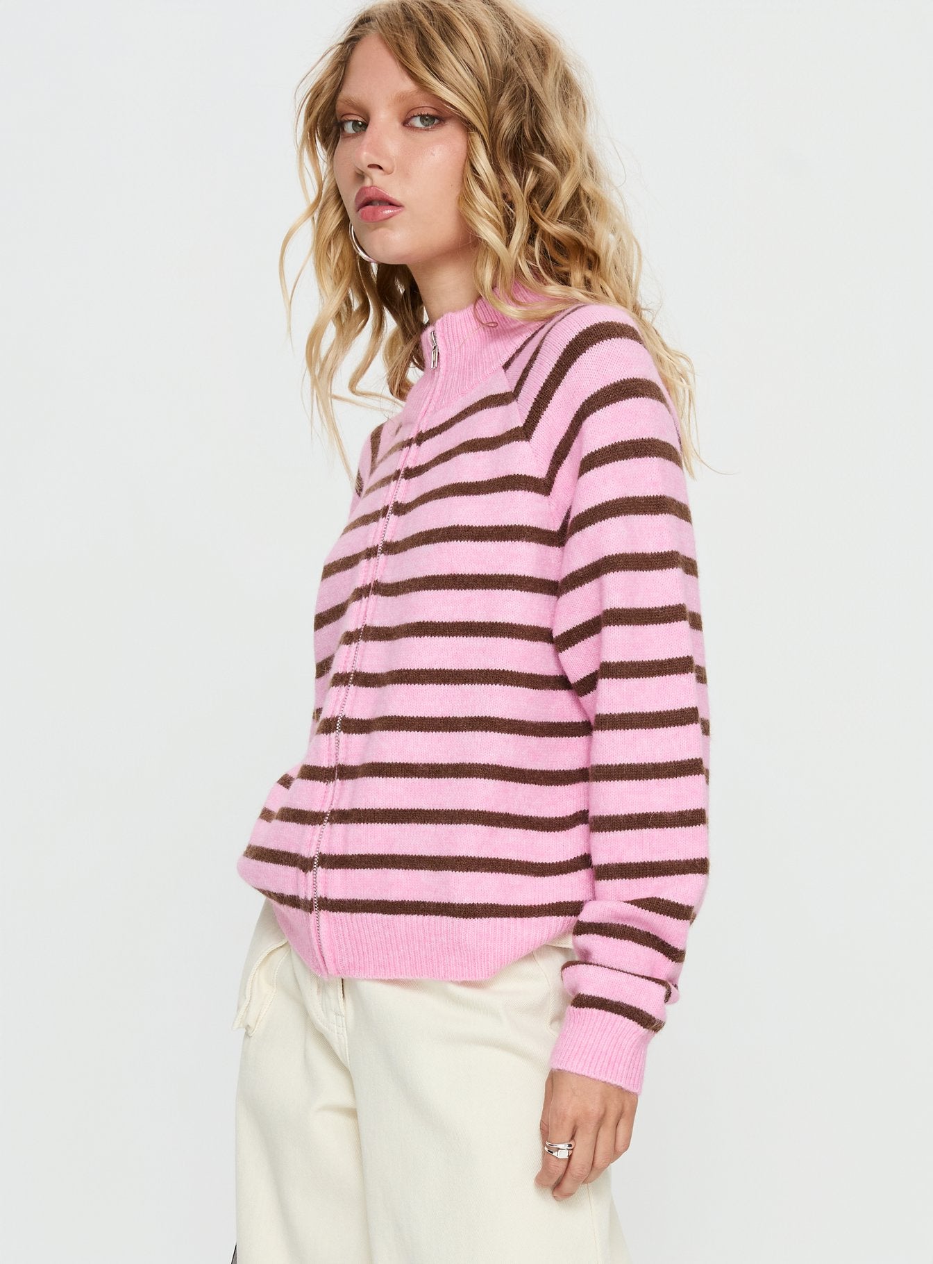 side view of model wearing Princess Polly Kaylei Zip Through Cardigan Pink Stripe regular 