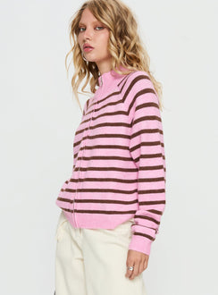 side view of model wearing Princess Polly Kaylei Zip Through Cardigan Pink Stripe regular 