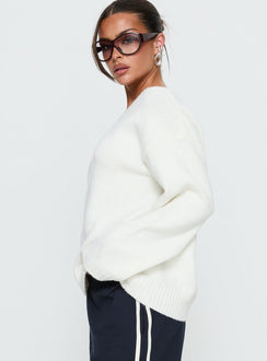 side view of model wearing Princess Polly Kaileigh V Neck Knit Sweater Cream Longline Jumpers 
