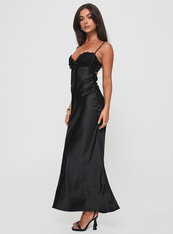 side view of model wearing Princess Polly Fadyen Bias Cut Maxi Dress Black Sweetheart Neckline 