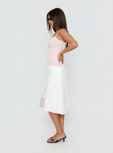 Styled in the Such Delight Linen Midi Skirt white for womens-skirts, crafted in a fitted aline design side view of model wearing Princess Polly