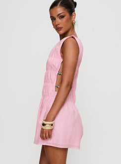 side view of model wearing Princess Polly Evony Shirred Mini Dress Pink Crew Neck 