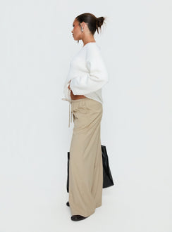 side view of model wearing Princess Polly Ketrina Tie Waist Pants Beige Plaid Mid Rise Pants 