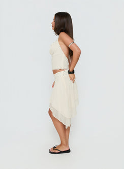 Designed with the Gemmina Asymmetrical Chiffon Mini Skirt in womens-skirts with mini length side view of model wearing