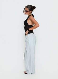 side view of model wearing Princess Polly Parklea Pants Blue / White Stripe High Rise Pants 