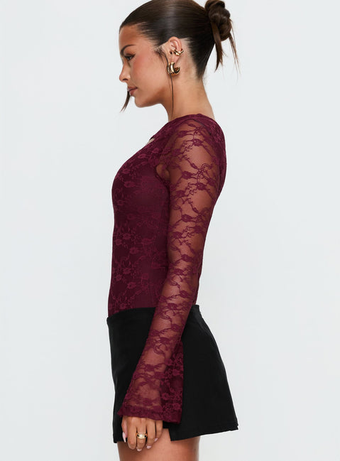 side view of model wearing Princess Polly Macaria Long Sleeve Lace Bodysuit Red Long Sleeve Tops 