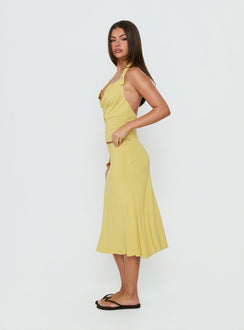Crafted from the Esperia Button Midi Skirt Green in a fitted aline womens-skirts style side view of model wearing Princess Polly