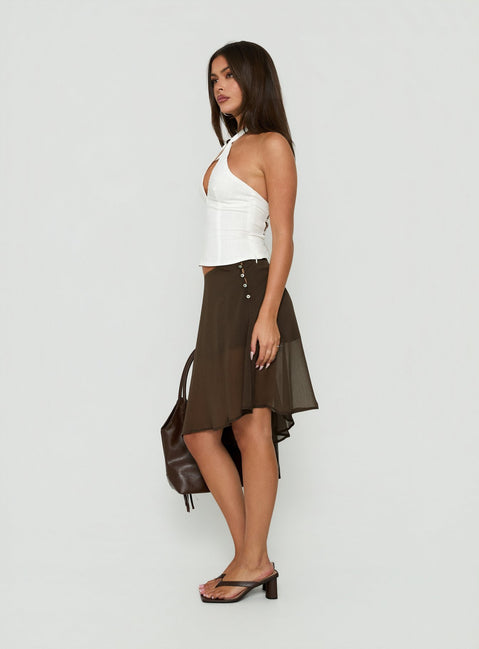 Presenting the Eliodora Layered Sheer Midi Skirt Brown in womens-skirts with midi length side view of model wearing