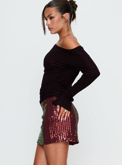   side view of model wearing Princess Polly Zelaia Shimmer Mini Skirt Wine Mini Skirts Skirts 