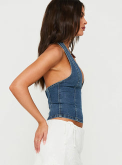 Nandie Denim Halter Top Dark Blue Wash