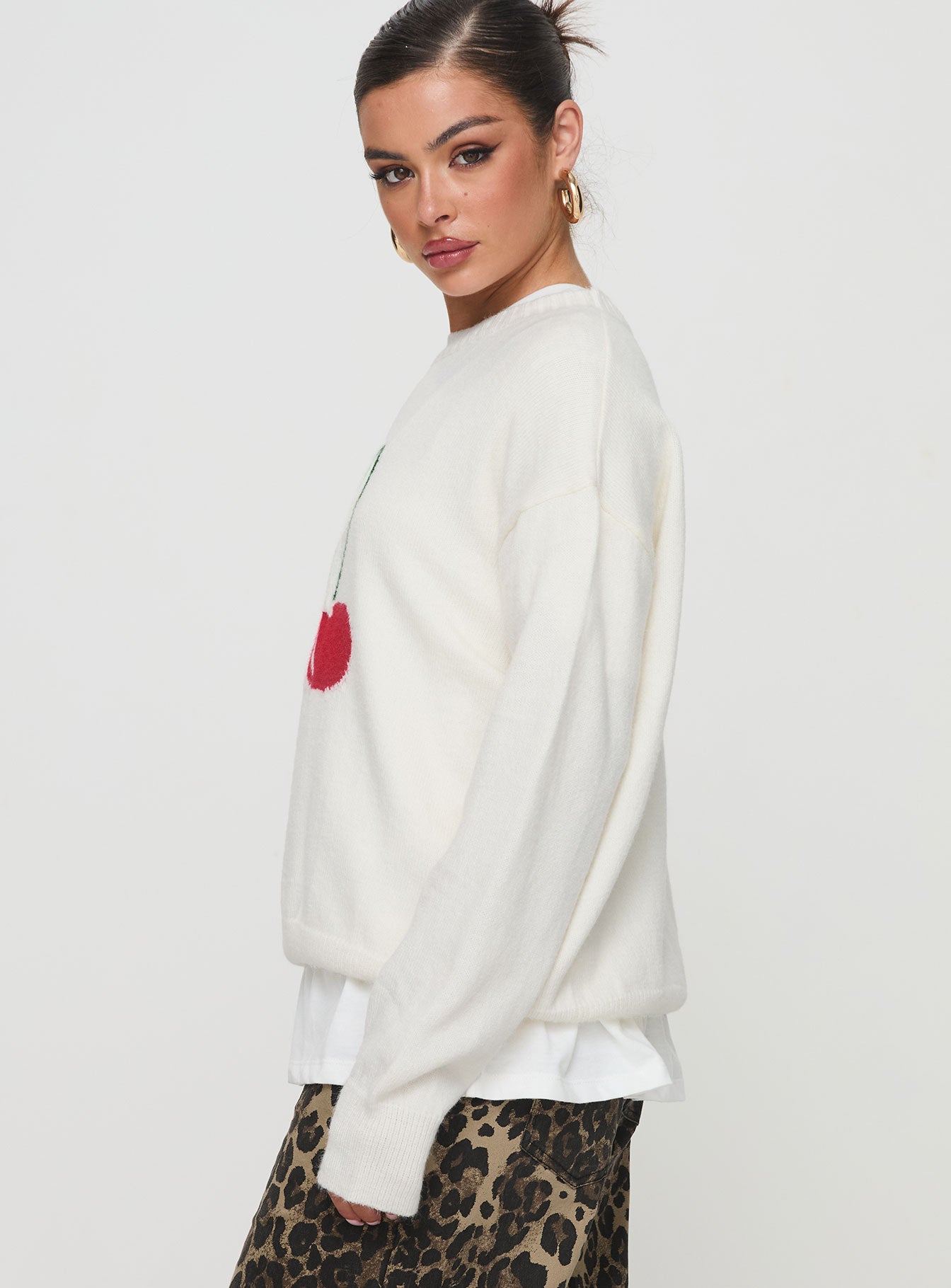 Discover the Cherry Dreams Knit Jumper Cream womens jumpers with long length side view of model wearing Princess Polly