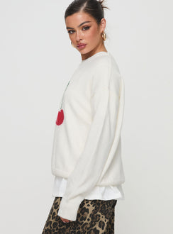 Discover the Cherry Dreams Knit Jumper Cream womens jumpers with long length side view of model wearing Princess Polly