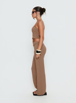 side view of model wearing Princess Polly Timora Pants Brown Stripe Mid Rise Pants 