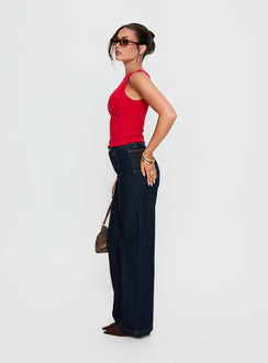 side view of model wearing Princess Polly Cadance High Rise Straight Leg Jeans Indigo High Rise Jeans 