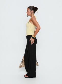side view of model wearing Princess Polly Peroma Linen Straight Leg Pants Black High Rise Pants 